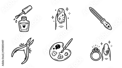 nail art line vector set. black color sketches style on white background. Vector illustration.