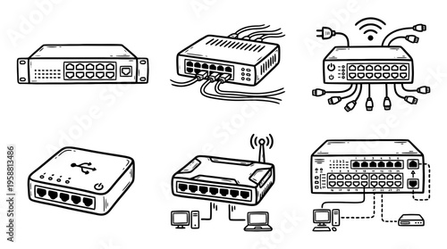 network switch line vector set. black color sketches style on white background. Vector illustration.
