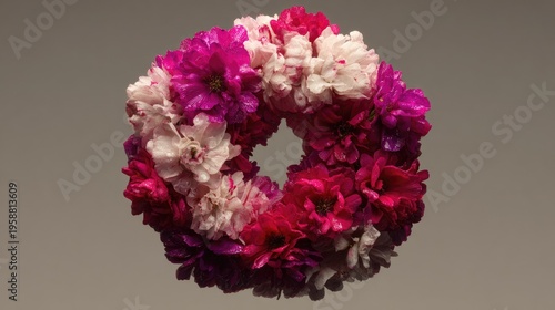 Circular arrangement of vibrant pink and white blossoms appears suspended against a muted background