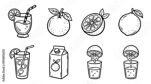 orange juice line vector set. black color sketches style on white background. Vector illustration.