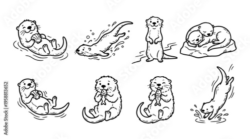 otter line vector set. black color sketches style on white background. Vector illustration.