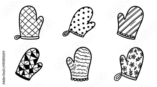 oven mitt line vector set. black color sketches style on white background. Vector illustration.