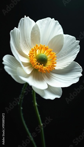 Single white anemone flower with yellow center on black backdrop. Delicate petals unfurl, revealing intricate stamen detail. A simple botanical macro shot.