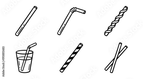 paper straw line vector set. black color sketches style on white background. Vector illustration.