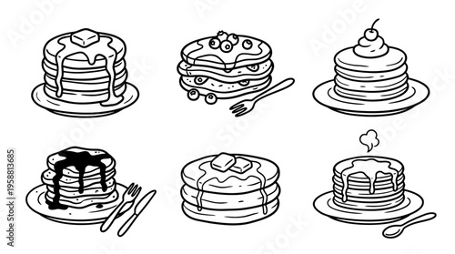 pancake stack line vector set. black color sketches style on white background. Vector illustration.