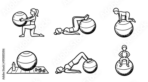 pilates ball line vector set. black color sketches style on white background. Vector illustration.