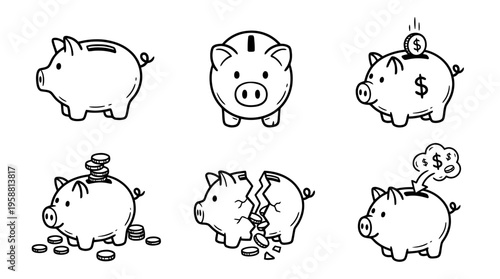 piggy bank line vector set. black color sketches style on white background. Vector illustration.
