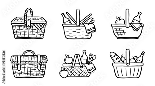 picnic basket line vector set. black color sketches style on white background. Vector illustration.