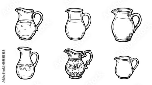 pitcher line vector set. black color sketches style on white background. Vector illustration.