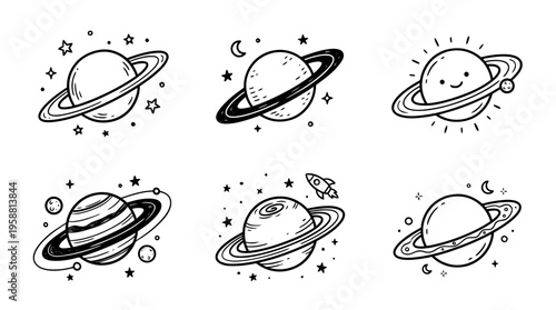 planet saturn line vector set. black color sketches style on white background. Vector illustration.