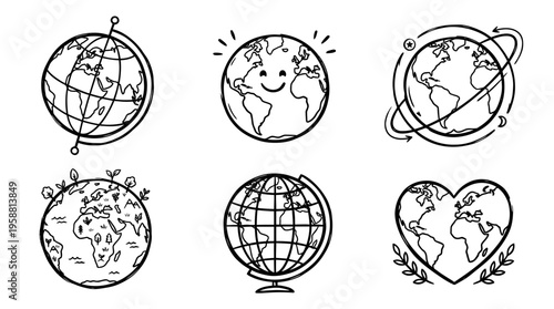 planet earth line vector set. black color sketches style on white background. Vector illustration.