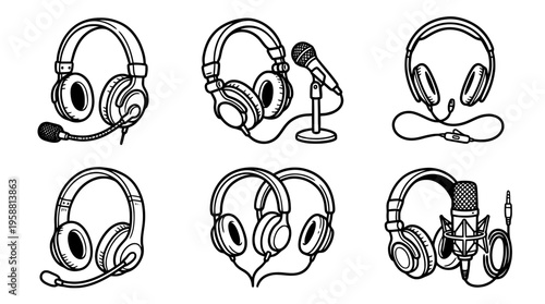 podcasting headphones line vector set. black color sketches style on white background. Vector illustration.