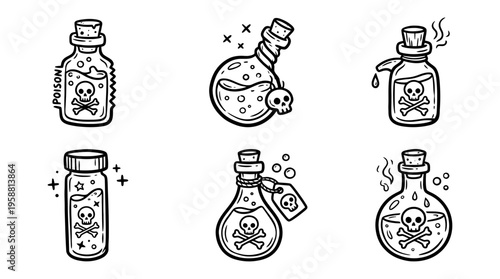 poison flask line vector set. black color sketches style on white background. Vector illustration.