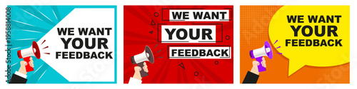 Feedback banners collection. Colorful posters with megaphone and message text. Marketing templates for customer response and communication