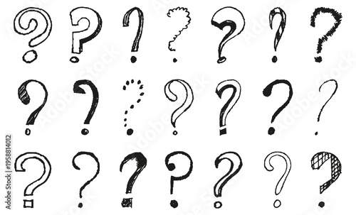 Hand drawn question marks collection. Sketch style punctuation symbols with rough texture. Creative elements for uncertainty and inquiry concepts