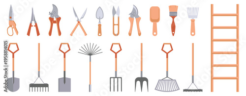Garden tools collection. Hand tools and equipment for gardening and farming tasks. Flat style elements for agriculture and outdoor work design