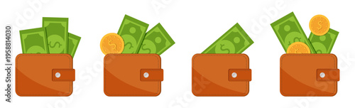 Wallet money collection. Cash bills and coins in leather wallet variations. Finance and payment concept elements for business and banking design