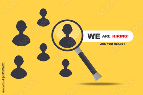 Hiring concept illustration. Magnifying glass selecting candidate among people icons. Recruitment and human resources theme for job search design