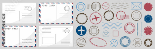 Postcard templates collection. Vintage mail cards with stamps and postal elements. Retro layouts for travel, message and correspondence design