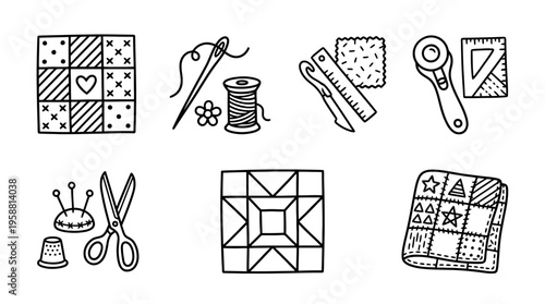quilting patchwork line vector set. black color sketches style on white background. Vector illustration.