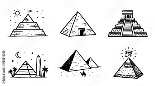pyramid line vector set. black color sketches style on white background. Vector illustration.
