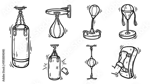punching bag line vector set. black color sketches style on white background. Vector illustration.