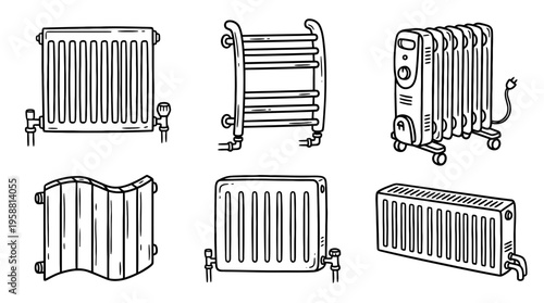 radiator line vector set. black color sketches style on white background. Vector illustration.