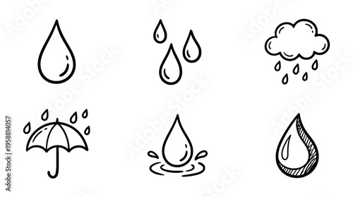 rain drop line vector set. black color sketches style on white background. Vector illustration.