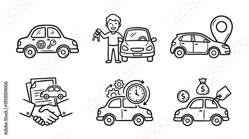 rental car line vector set. black color sketches style on white background. Vector illustration.