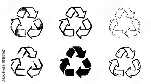 recycle symbol line vector set. black color sketches style on white background. Vector illustration.