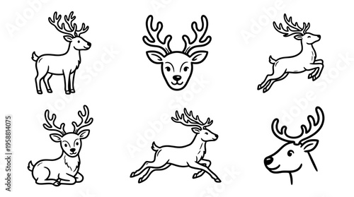 reindeer line vector set. black color sketches style on white background. Vector illustration.