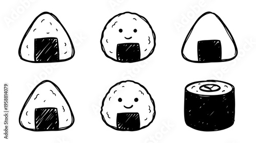 rice ball onigiri line vector set. black color sketches style on white background. Vector illustration.