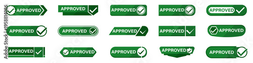 Approved labels collection. Green check mark badges with different shapes and styles. Confirmation symbols for documents, quality and verification design