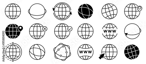 Globe icons collection. Line and solid earth symbols with location and network elements. World internet connection concept in minimal style