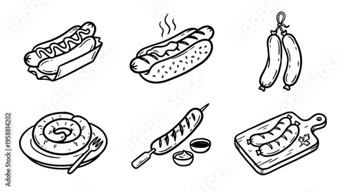sausage line vector set. black color sketches style on white background. Vector illustration.