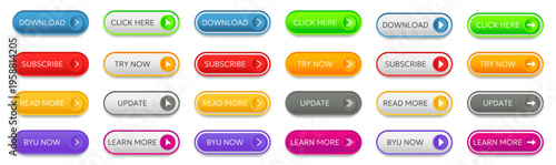 Web buttons collection. Glossy interface elements with call to action text and icons. Rounded colorful UI buttons in modern style