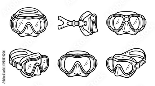 scuba diving mask line vector set. black color sketches style on white background. Vector illustration.