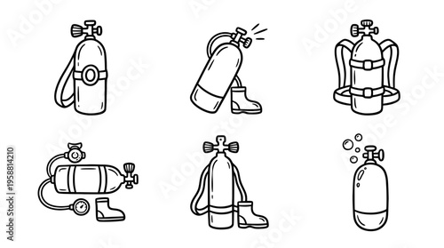 scuba tank line vector set. black color sketches style on white background. Vector illustration.