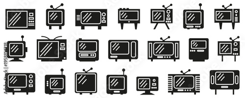 Retro television icons collection. Old tv sets with antennas and screen variations. Vintage media devices for broadcast and technology themes