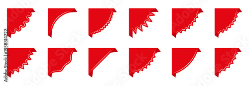 Corner ribbons collection. Red folded paper shapes with curved decorative edges. Promotional stickers for sale tags and price labels design