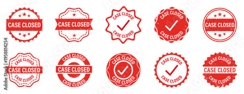 Case closed stamps collection. Red grunge badges with check marks and text. Official approval symbols for legal, business and document design
