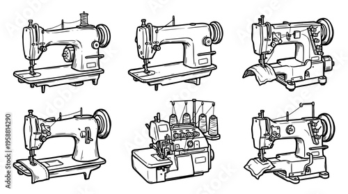 sewing machine industrial line vector set. black color sketches style on white background. Vector illustration.