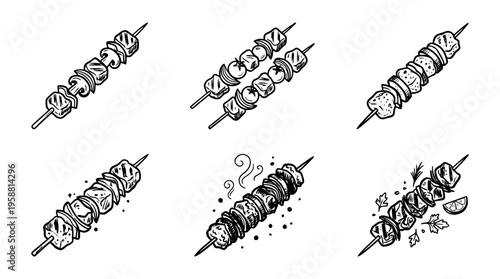 shish kebab line vector set. black color sketches style on white background. Vector illustration.