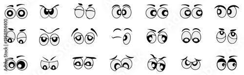 Cartoon eyes collection. Expressive eye shapes with different emotions and styles. Black line character elements for faces and animation