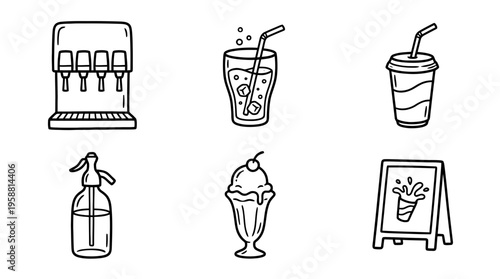 soda fountain line vector set. black color sketches style on white background. Vector illustration.