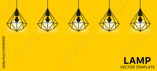 Hanging lamps collection. Geometric pendant lights with bulbs and shadows. Modern minimal lighting elements in repeating composition