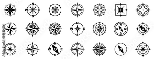 Compass symbols collection. Navigation stars with directional marks and circular shapes. Travel and orientation icons for map and exploration design