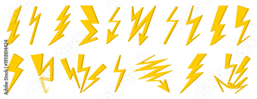 Lightning bolts collection. Yellow electric symbols with sharp angular shapes. Energy power icons for warning and electricity concepts