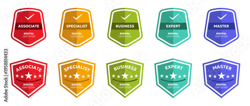 Certification badges collection. Colorful shields with levels and rating stars. Modern achievement labels for business, education and digital certification