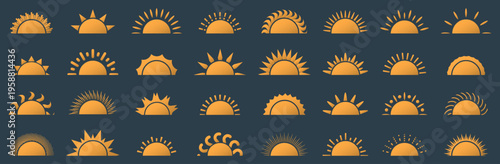 Sunrise icons collection. Orange sun shapes with varied rays and styles. Minimal weather symbols for summer, light and energy themes
